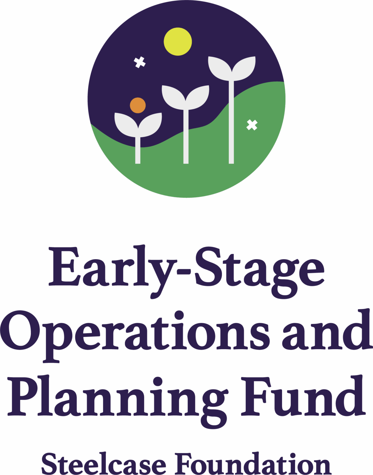 Three sprouting plants beneath a starry night sky, symbolizing growth and opportunity, with Early-Stage Operations and Planning Fund Steelcase Foundation.