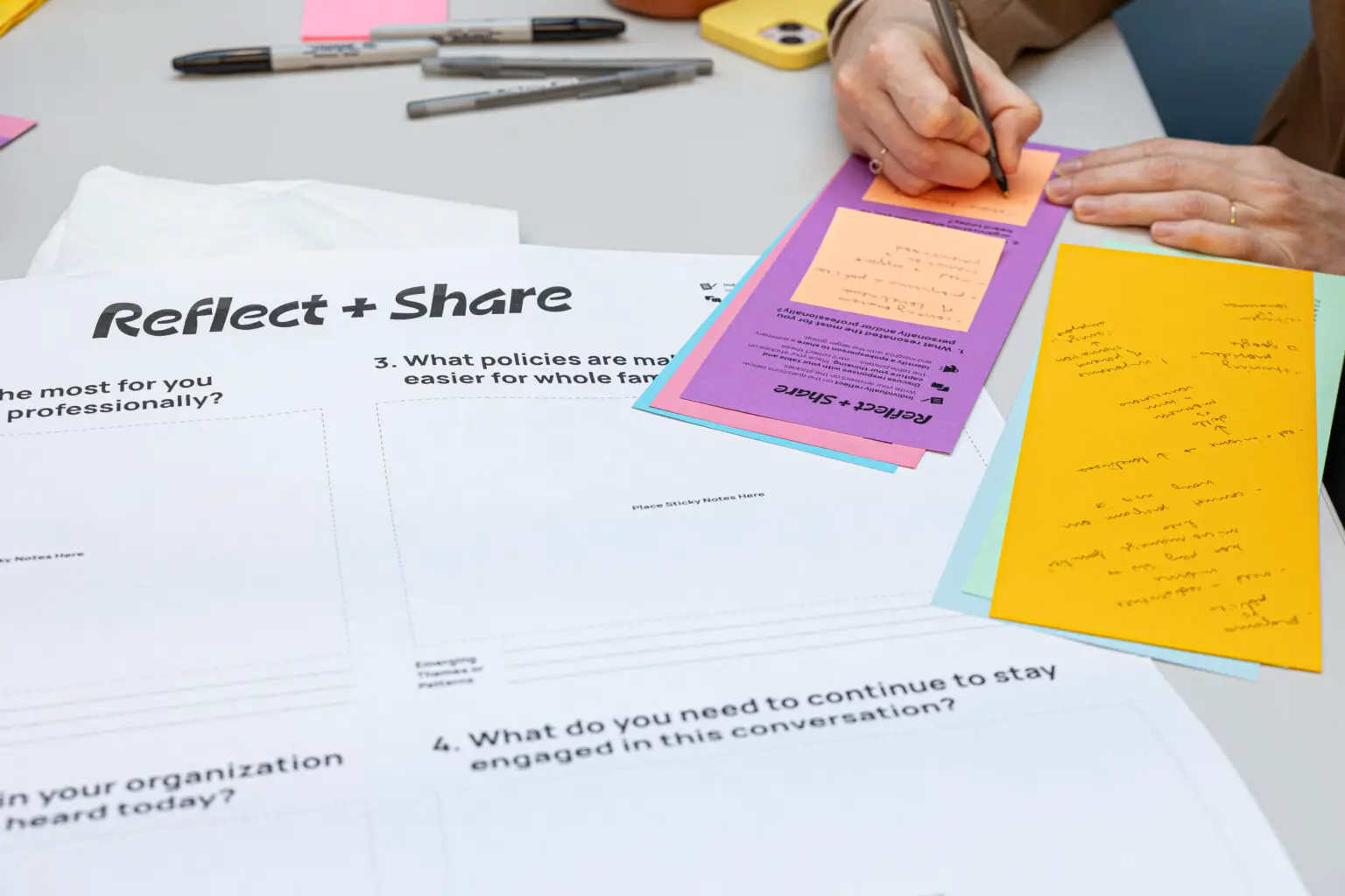 Someone reflects on policy and growth questions, jotting ideas on colorful notes during a collaborative workshop session.