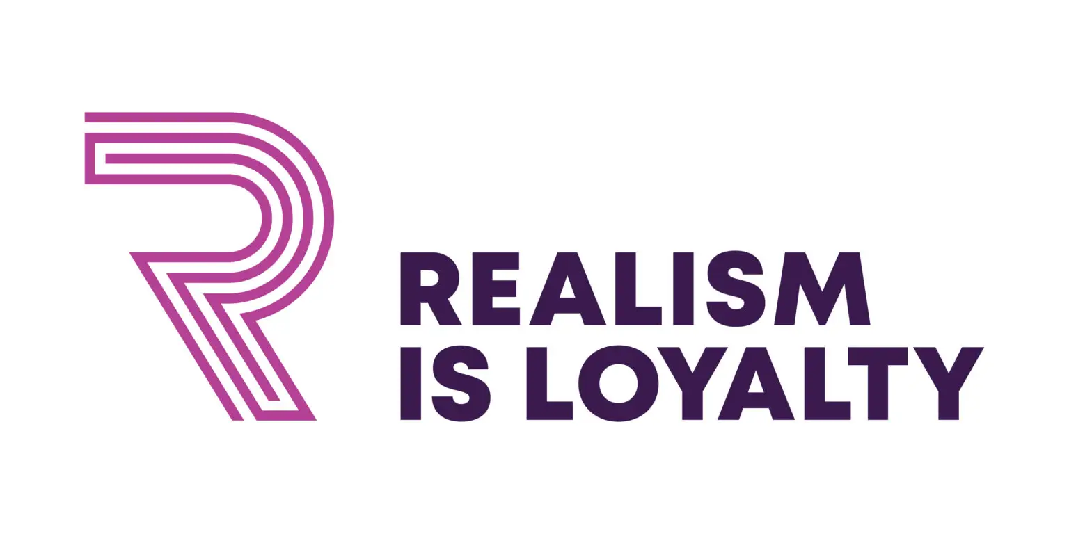 Purple R and the phrase "REALISM IS LOYALTY" highlight values of integrity and trust on a clean white background.